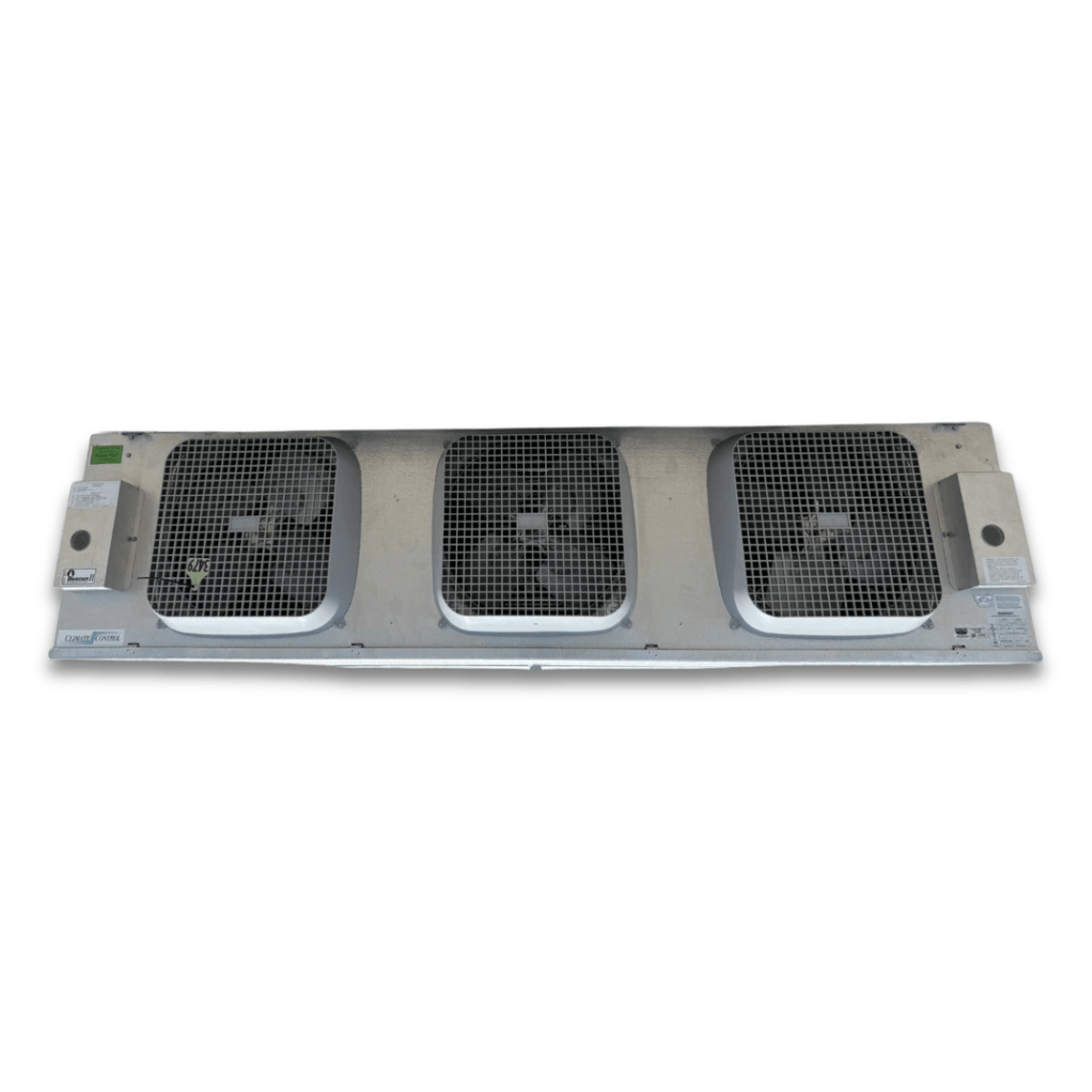Used Climate Control CML-250CSCH2A Evaporator — supplier gallery view 2; Straight-on view of the used Climate Control CML-250CSCH2A evaporator #3479, showing the three white-grille fans.