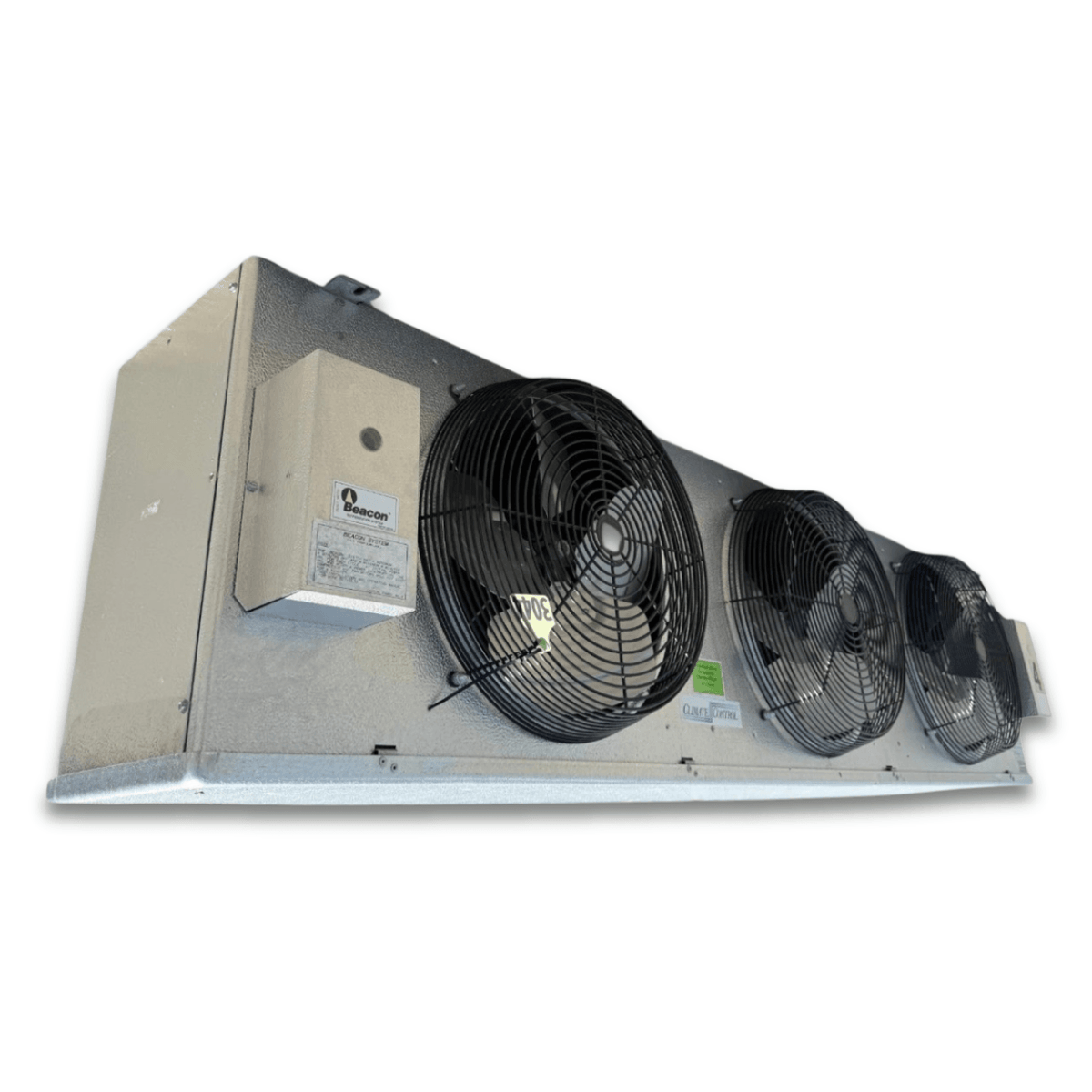 Used Climate Control CML-330CSCH2A Evaporator #2185 — supplier gallery view 1; Front-left view of a used Climate Control CML-330CSCH2A evaporator, a gray fan coil unit with three open wire-grille fans, a Beacon II defrost control, and inventory tag #3044.
