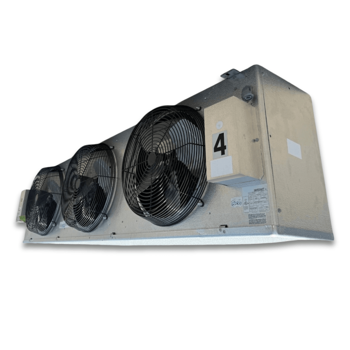 Used Climate Control CML-330CSCH2A Evaporator #2185 — supplier gallery view 3; Front-right view of the used Climate Control CML-330CSCH2A evaporator, showing the Beacon II defrost control and rating labels.