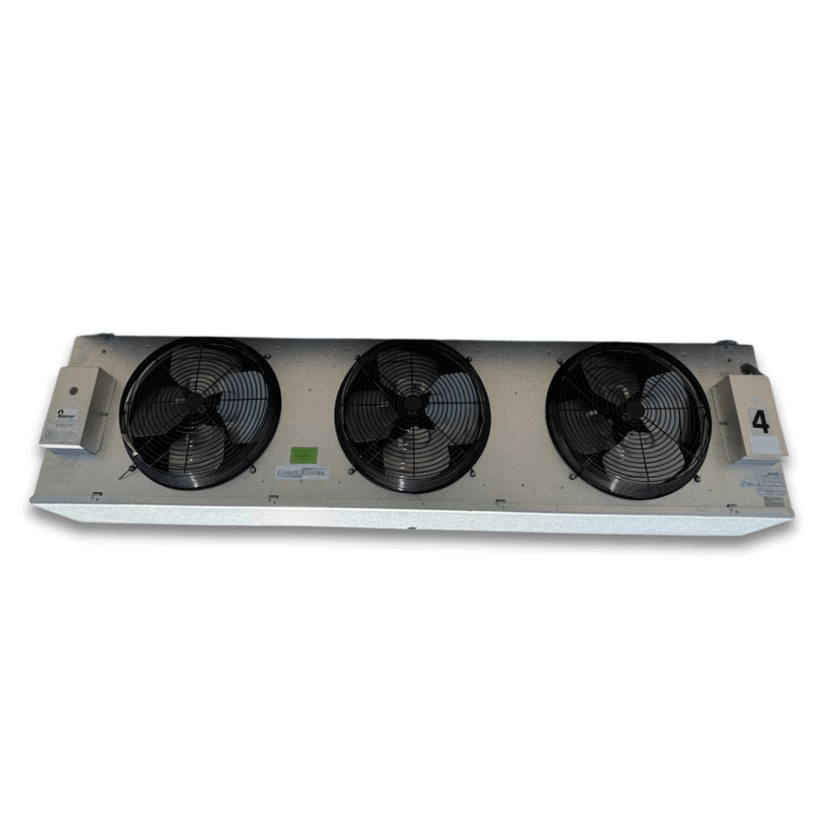 Used Climate Control CML-330CSCH2A Evaporator #2185 — supplier gallery view 2; Straight-on view of the used Climate Control CML-330CSCH2A evaporator, showing the three open wire-grille fans and inventory tag #3044.