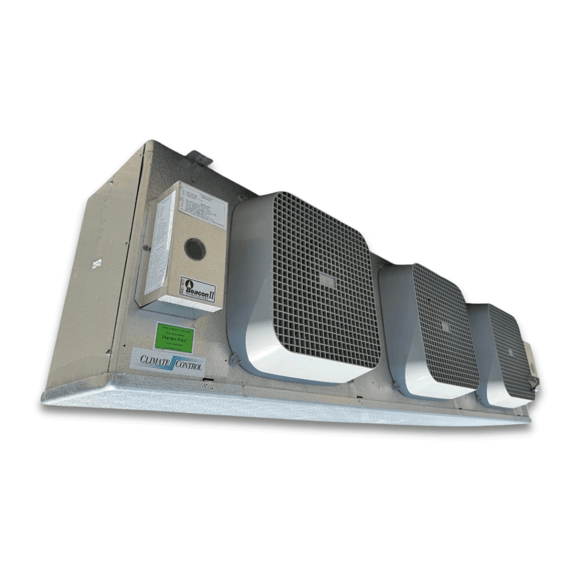 Used Climate Control CML-330DA Evaporator #3094 — supplier gallery view 1; Front-left view of a used Climate Control CML-330DA evaporator #3280, a gray fan coil unit with three square white-grille fans and a Heatcraft PowerFrost logo.