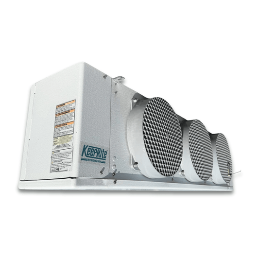 Used Keeprite KLP-315VE Evaporator - 11649 — supplier gallery view 1; Front-left view of a used Keeprite KLP-315VE evaporator #3167, a white fan coil unit with three honeycomb-grille fans and a KeepRite logo.