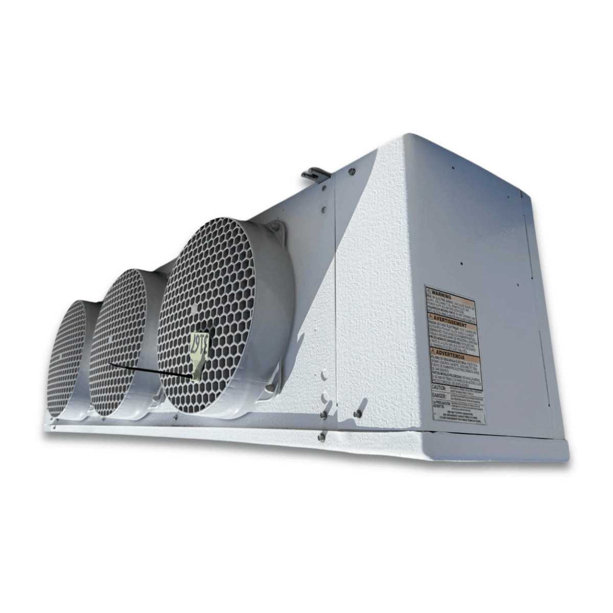 Used Keeprite KLP-315VE Evaporator - 11649 — supplier gallery view 3; Front-right view of the used Keeprite KLP-315VE evaporator #3167, showing the cabinet side panel and warning labels.