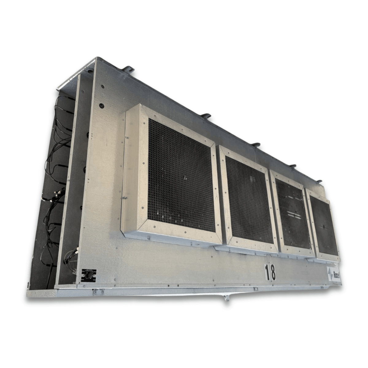 Used Russell UEU4-1080G Evaporator - 11668 — supplier gallery view 3; Front-left view of a used Russell UEU4-1080G evaporator, a gray fan coil unit with four square-grille fans and a Russell logo.