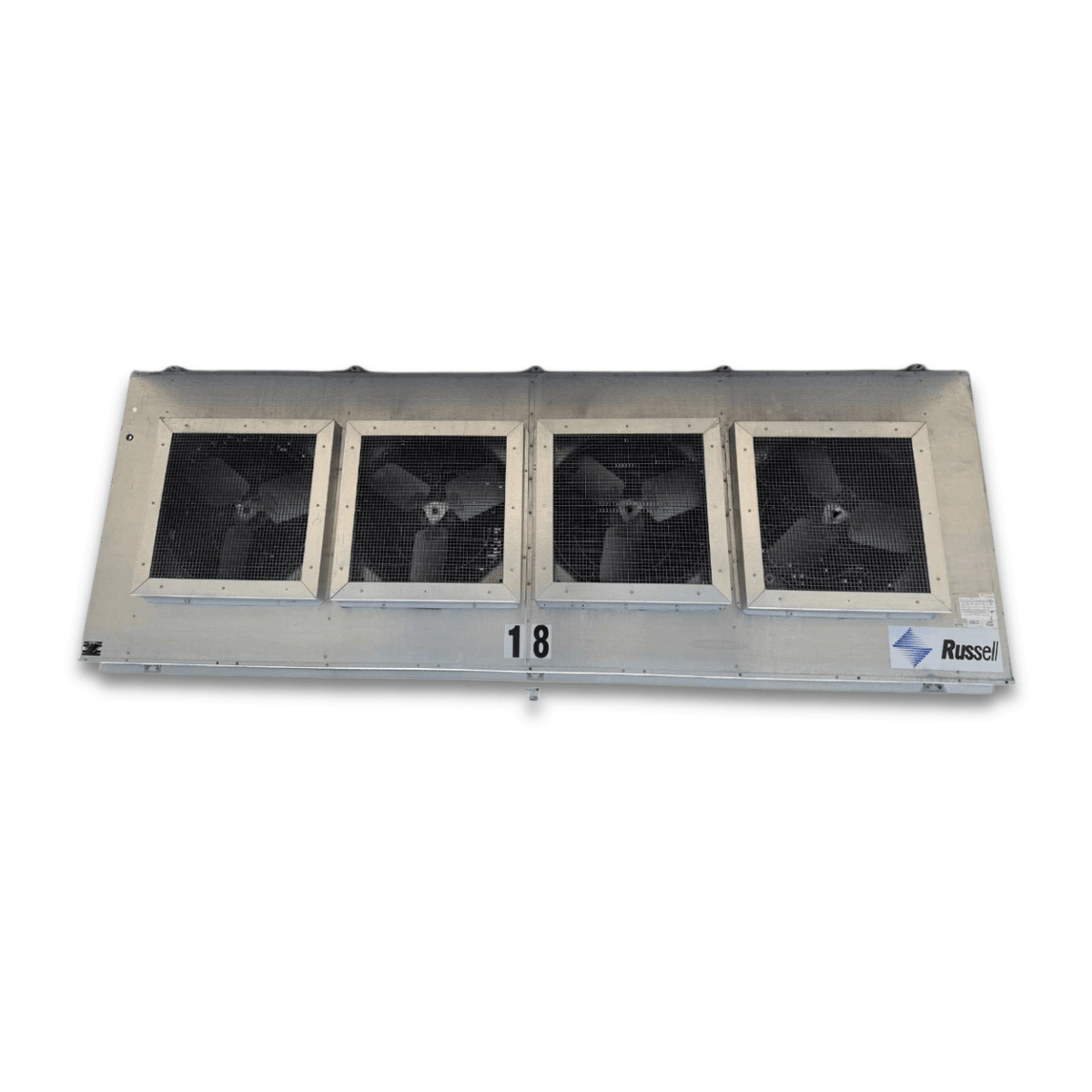 Used Russell UEU4-1080G Evaporator - 11668 — supplier gallery view 2; Straight-on view of the used Russell UEU4-1080G evaporator, showing the four square-grille fans.