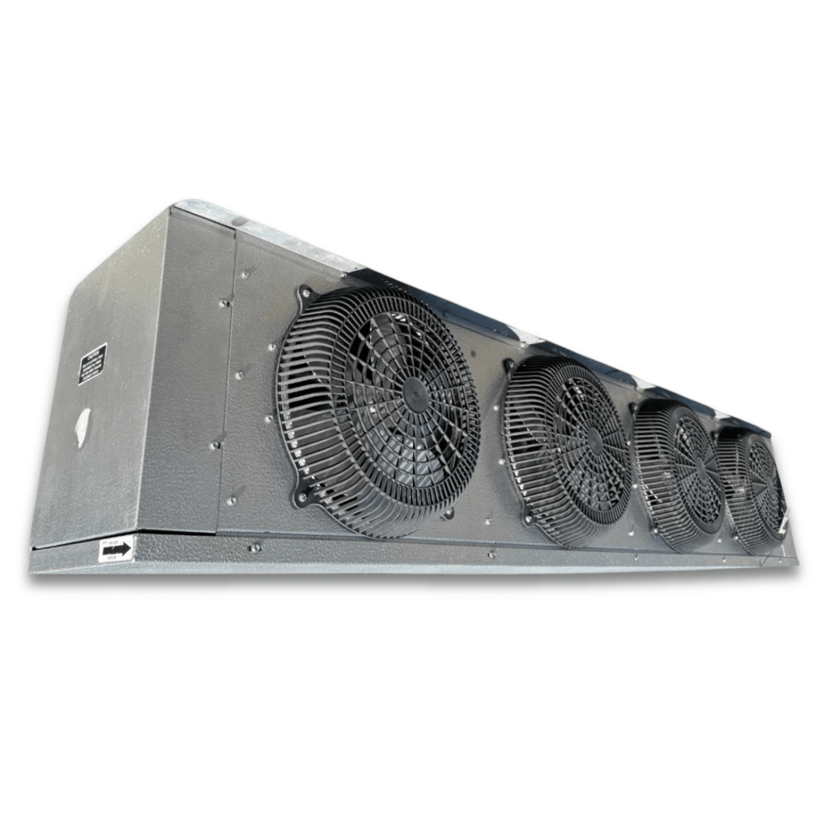 Used HTP HTA48-264B Evaporator #3123 — supplier gallery view 3; Front-left view of a used HTP HTA48-264B evaporator #3123, a gray fan coil unit with four round black-grille fans.