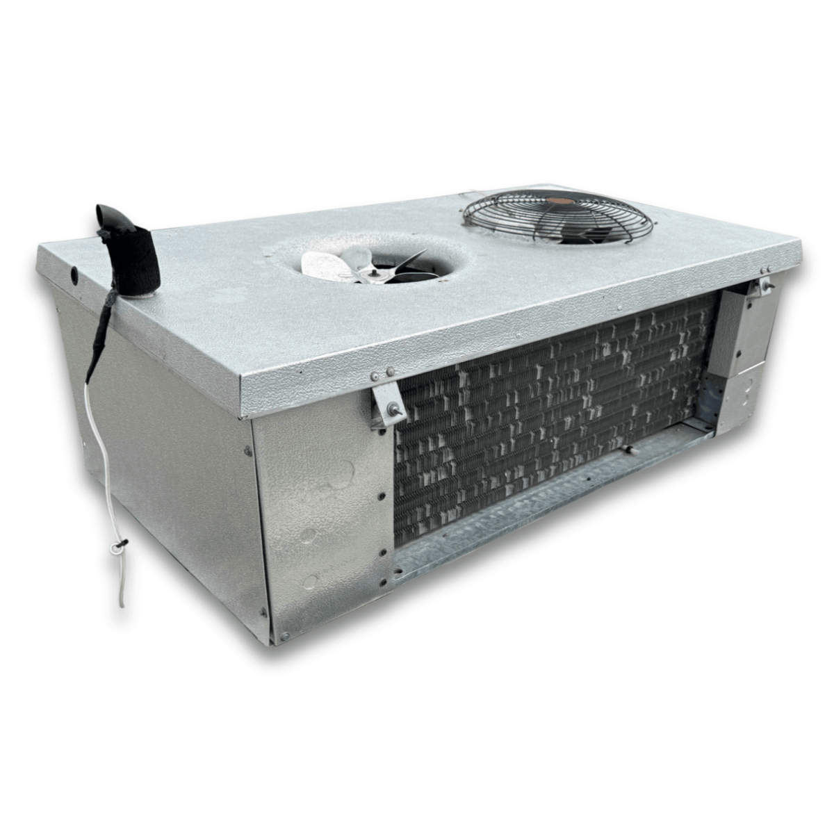 Used Hussmann GAH24-100KG Low Velocity Evaporator #514 — supplier gallery view 4; Used gray evaporator with two fans back view.
