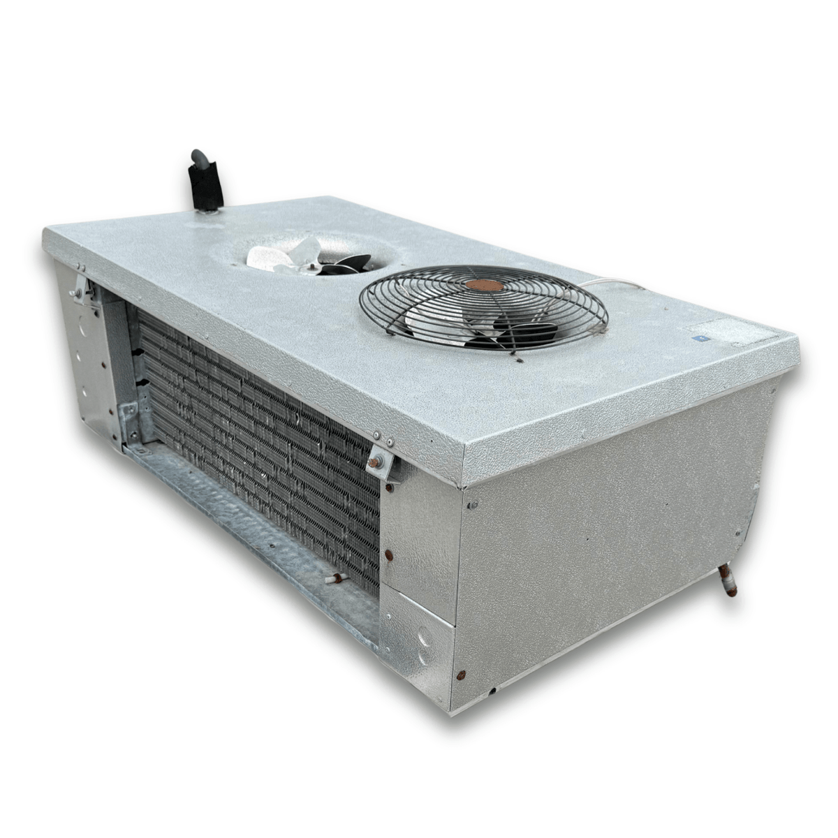 Used Hussmann GAH24-100KG Low Velocity Evaporator #514 — supplier gallery view 5; Used gray evaporator with two fans back view.