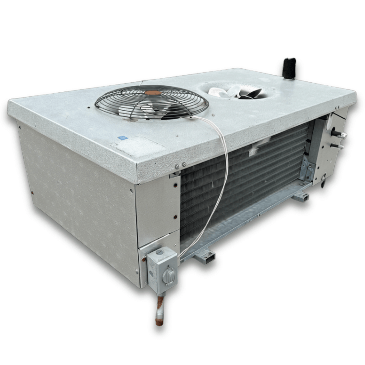 Used Hussmann GAH24-100KG Low Velocity Evaporator #514 — supplier gallery view 1; Used gray evaporator with two fans front side view showing labels.