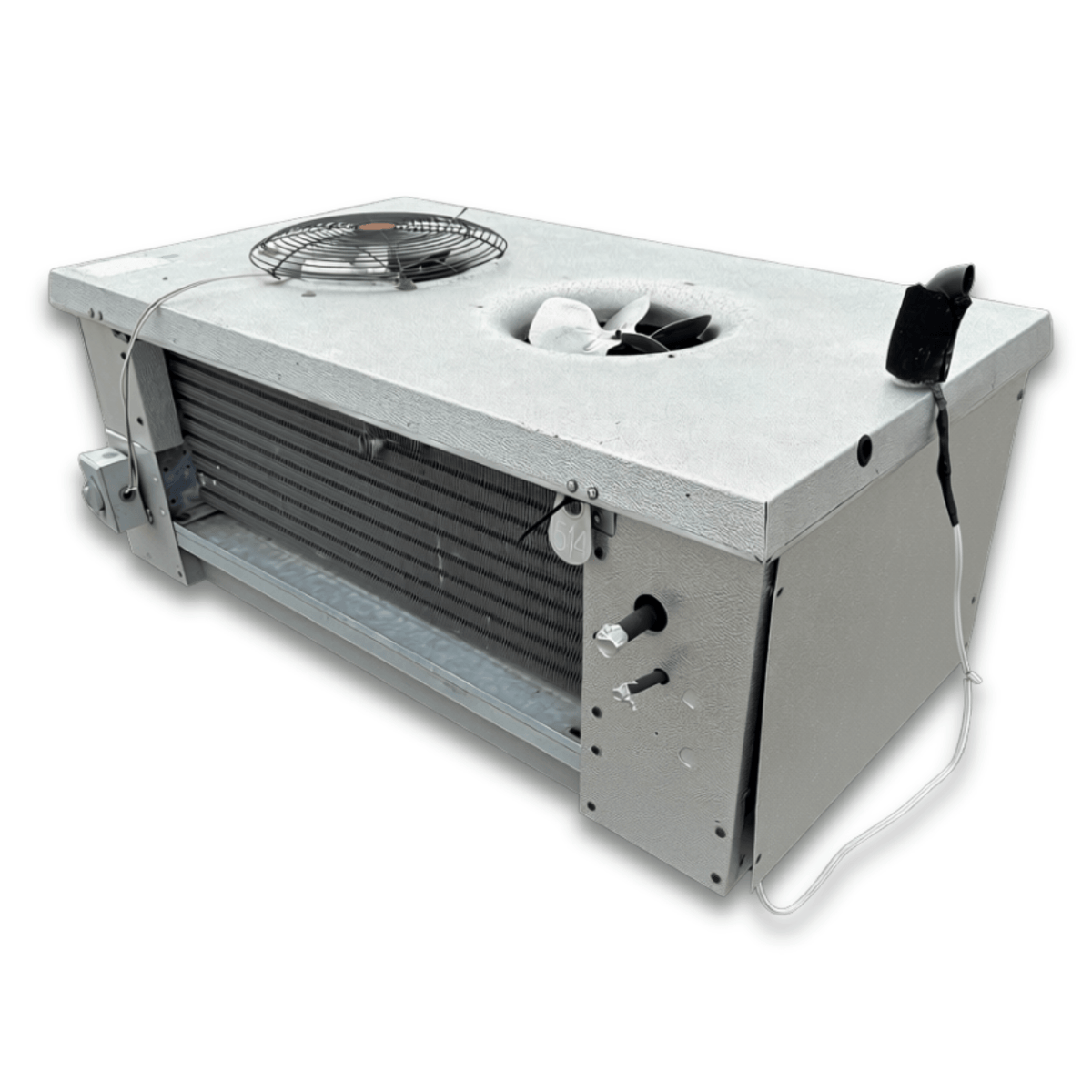 Used Hussmann GAH24-100KG Low Velocity Evaporator #514 — supplier gallery view 3; Used gray evaporator with two fans front side view showing labels.