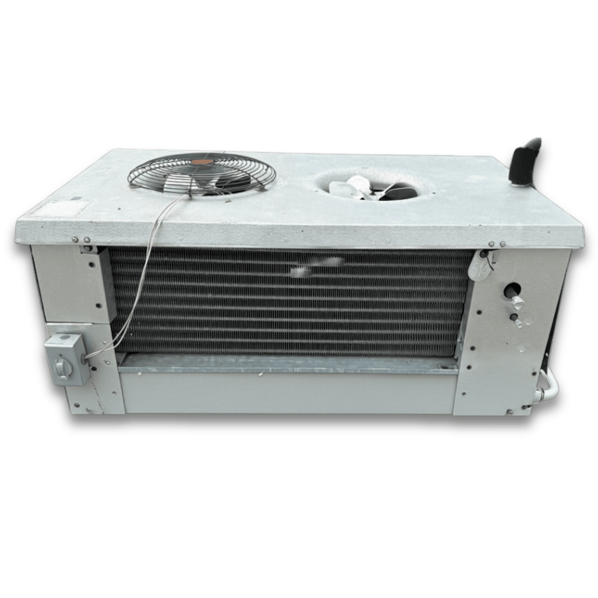 Used Hussmann GAH24-100KG Low Velocity Evaporator #514 — supplier gallery view 2; Used gray evaporator with two fans front view.