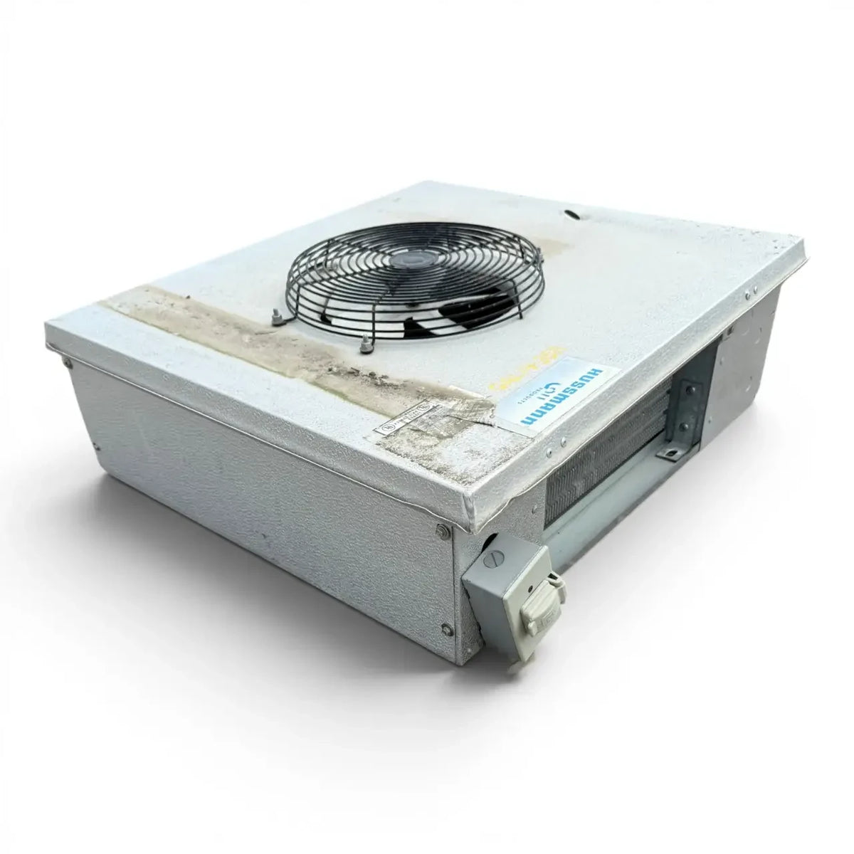 Used Hussmann GAL14-35A Low Velocity Evaporator #946 — supplier gallery view 3; Front-left view of a used Hussmann GAL14-35A low velocity evaporator #946, a white fan coil unit with a single black-grille top fan, exposed coil, and inventory tag "946".