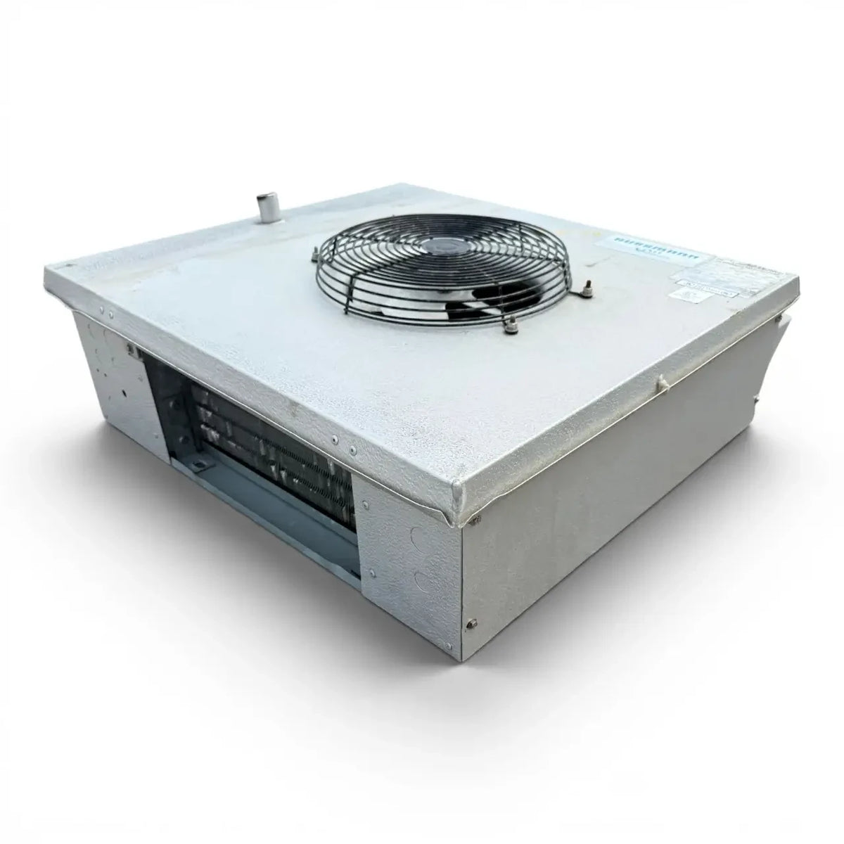 Used Hussmann GAL16-45A Low Velocity Evaporator #699 — supplier gallery view 1; Front-right view of the used Hussmann GAL16-45A low velocity evaporator #699, showing the cabinet side panel and rating labels.