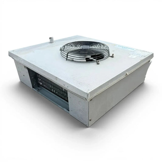 Used Hussmann GAL16-45A Low Velocity Evaporator #699 — supplier gallery view 1; Front-right view of the used Hussmann GAL16-45A low velocity evaporator #699, showing the cabinet side panel and rating labels.