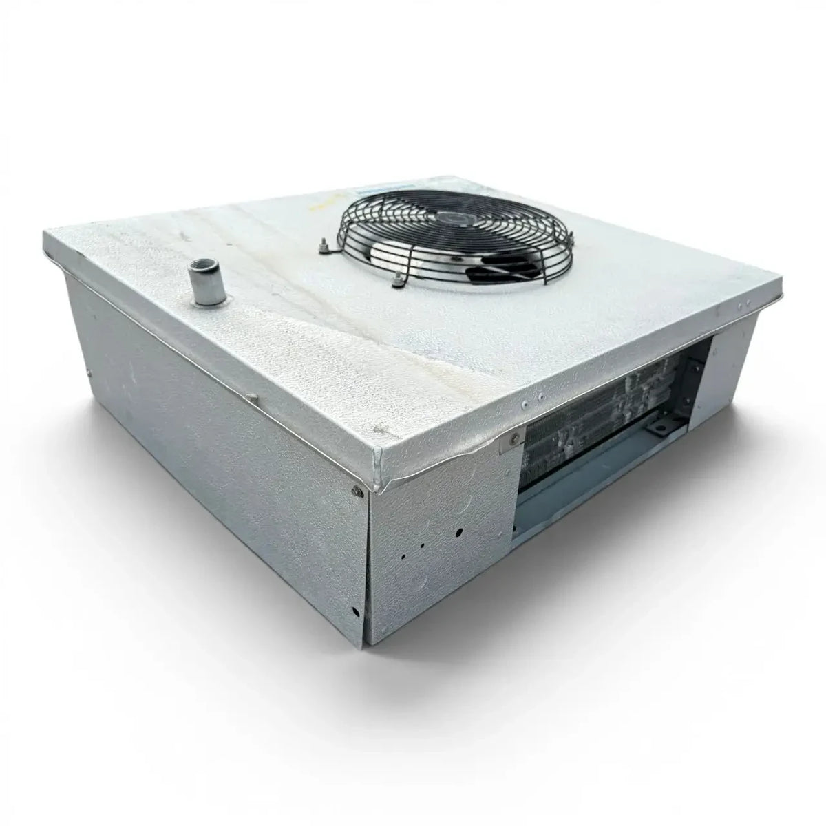Used Hussmann GAL16-45A Low Velocity Evaporator #699 — supplier gallery view 3; Front-left view of a used Hussmann GAL16-45A low velocity evaporator #699, a white fan coil unit with a single black-grille top fan, exposed coil, and Hussmann label.