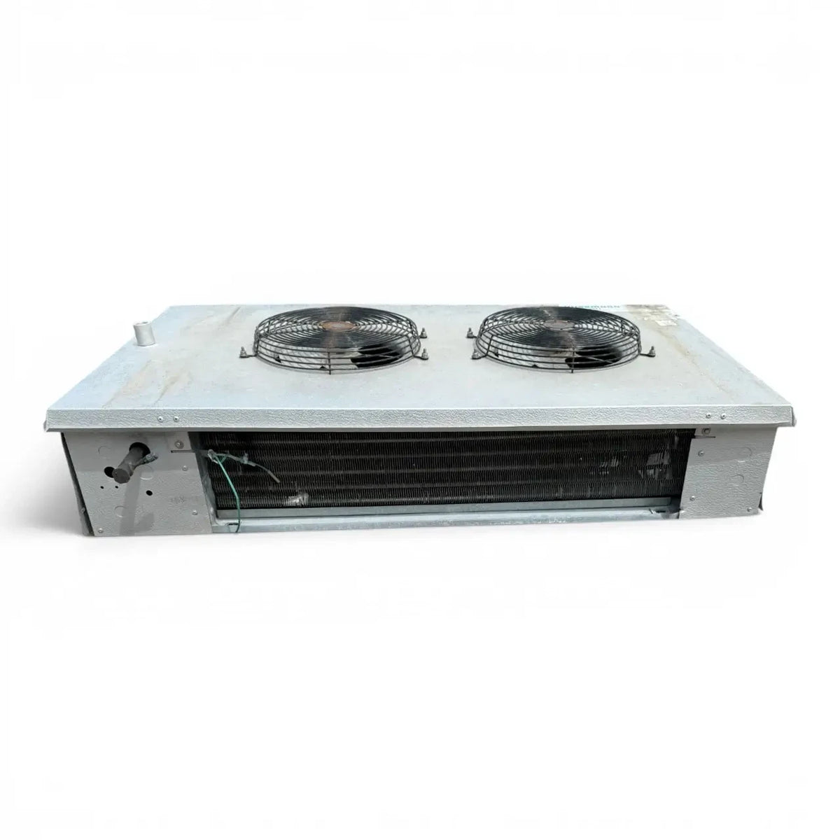 Used Hussmann GAL24-90E Low Velocity Evaporator #1033 — supplier gallery view 2; Straight-on view of the used Hussmann GAL24-90E low velocity evaporator #1033, showing the two round black-grille fans.