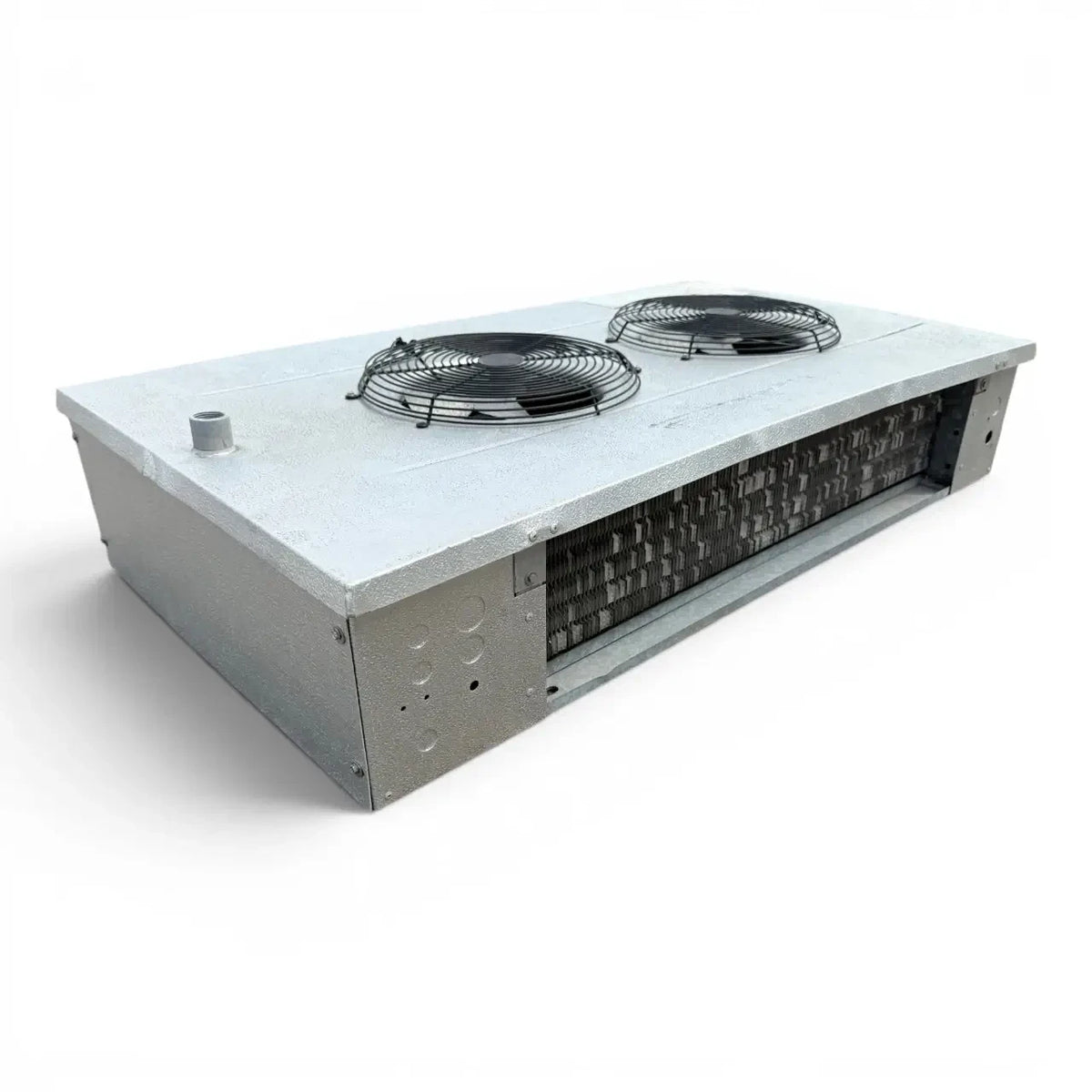 Used Hussmann GAL24-90ED Low Velocity Evaporator #790 — supplier gallery view 3; Front-left view of a used Hussmann GAL24-90ED low velocity evaporator #790, a white fan coil unit with two round black-grille fans and exposed rear wiring.
