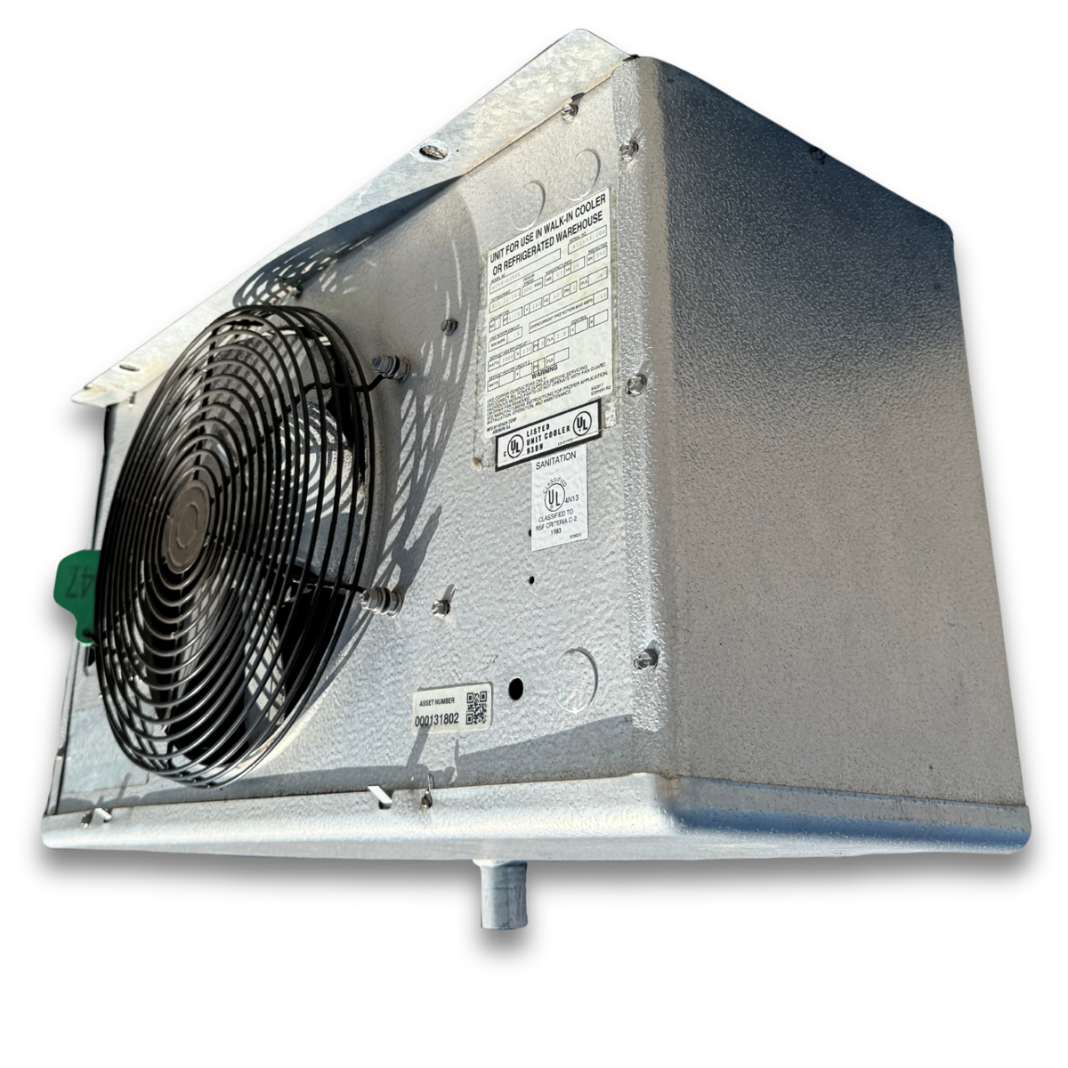 Used Hussmann HC6E-039BK Evaporator — supplier gallery view 1; Used gray evaporator with one fans front side view showing labels.