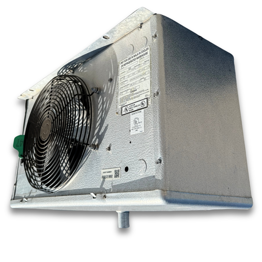 Used Hussmann HC6E-039BK Evaporator — supplier gallery view 1; Used gray evaporator with one fans front side view showing labels.