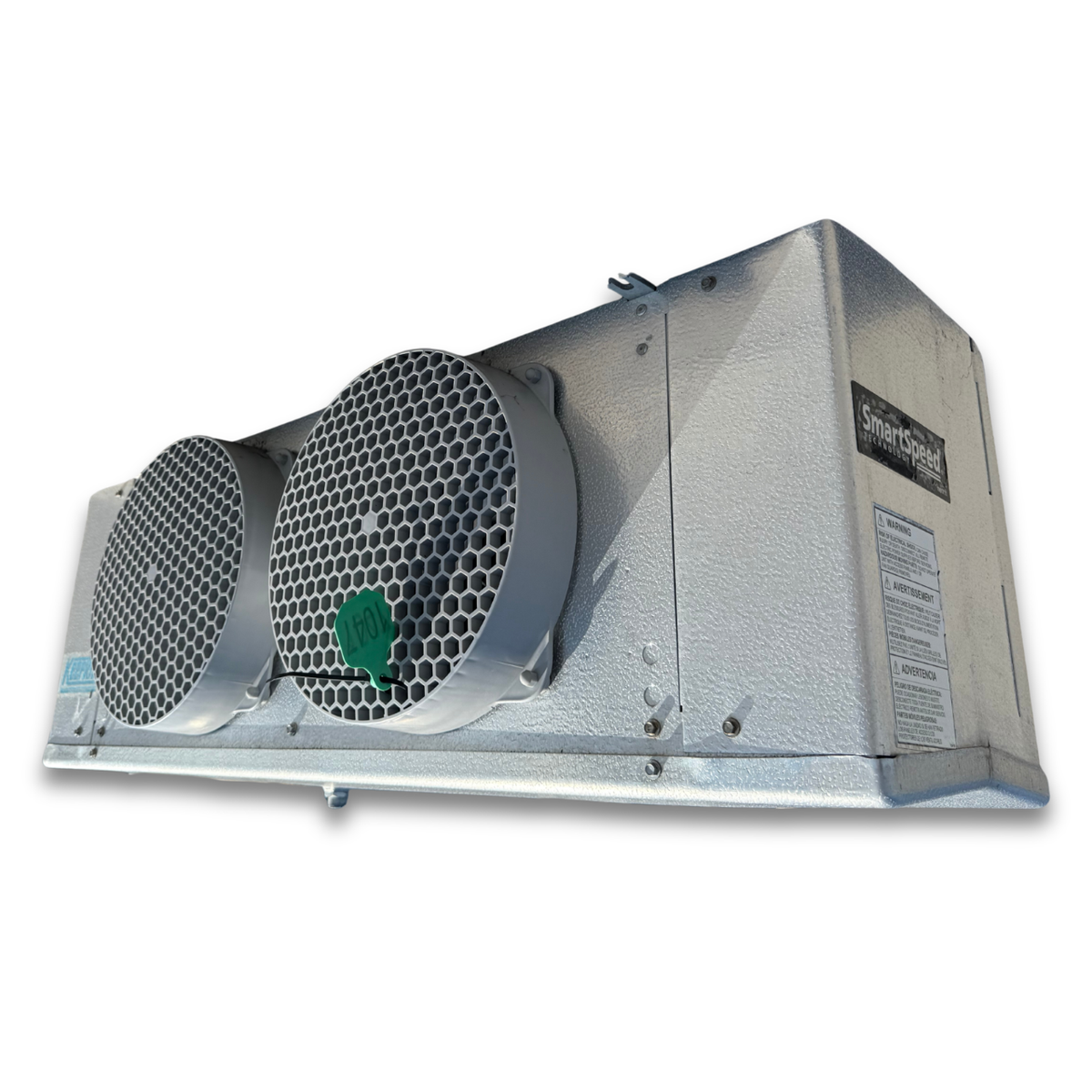 Used Keeprite KLP-211MA Evaporator #1047 — supplier gallery view 3; Used gray evaporator with one fans front side view showing labels.