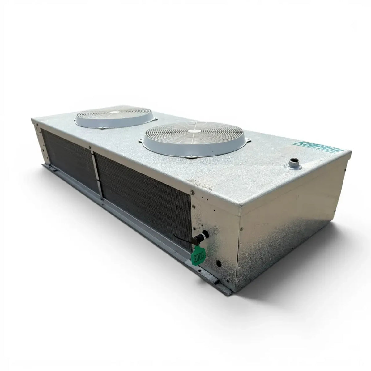 Used Keeprite KLV-120AD Low Velocity Evaporator #2003 — supplier gallery view 1; Front-right view of the used Keeprite KLV-120AD low velocity evaporator #2003, showing the cabinet side panel and rating labels.