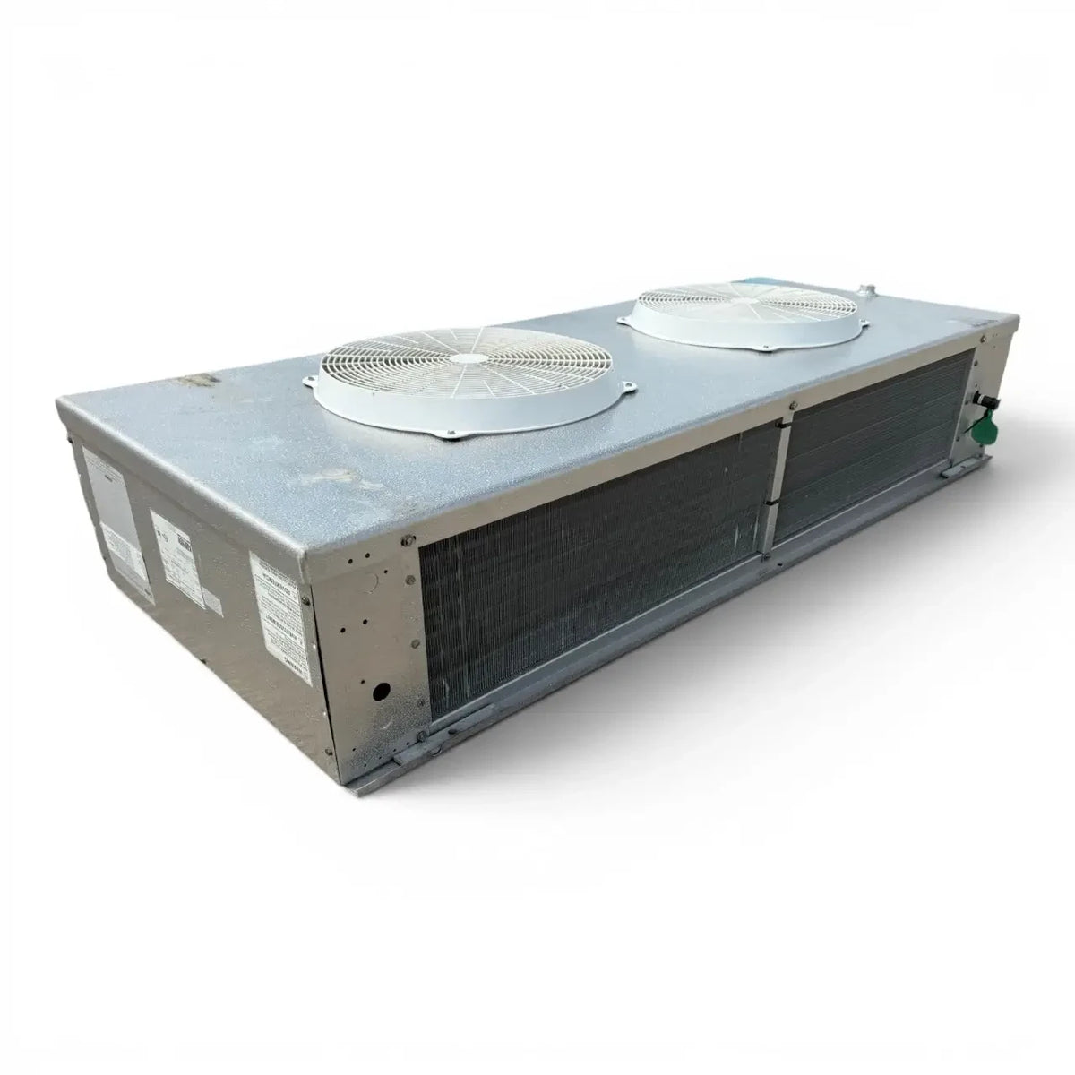 Used Keeprite KLV-120AD Low Velocity Evaporator #2003 — supplier gallery view 3; Front-left view of a used Keeprite KLV-120AD low velocity evaporator #2003, a gray fan coil unit with two round white-grille fans, a KeepRite logo, and green inventory tag "2003".