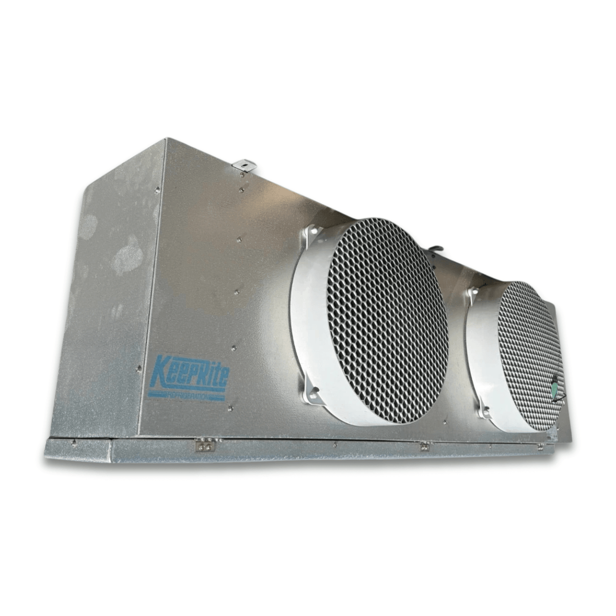 Used Keeprite KMP-228ME Evaporator #2156 — supplier gallery view 2; Front-left view of a used Keeprite KMP-228ME evaporator #2156, a gray fan coil unit with two round honeycomb-grille fans and a KeepRite logo.