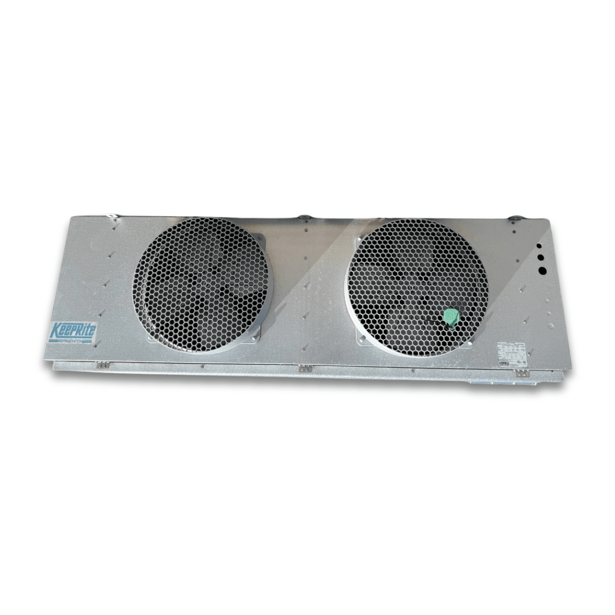 Used Keeprite KMP-228ME Evaporator #2156 — supplier gallery view 3; Straight-on view of the used Keeprite KMP-228ME evaporator #2156, showing the two round honeycomb-grille fans.