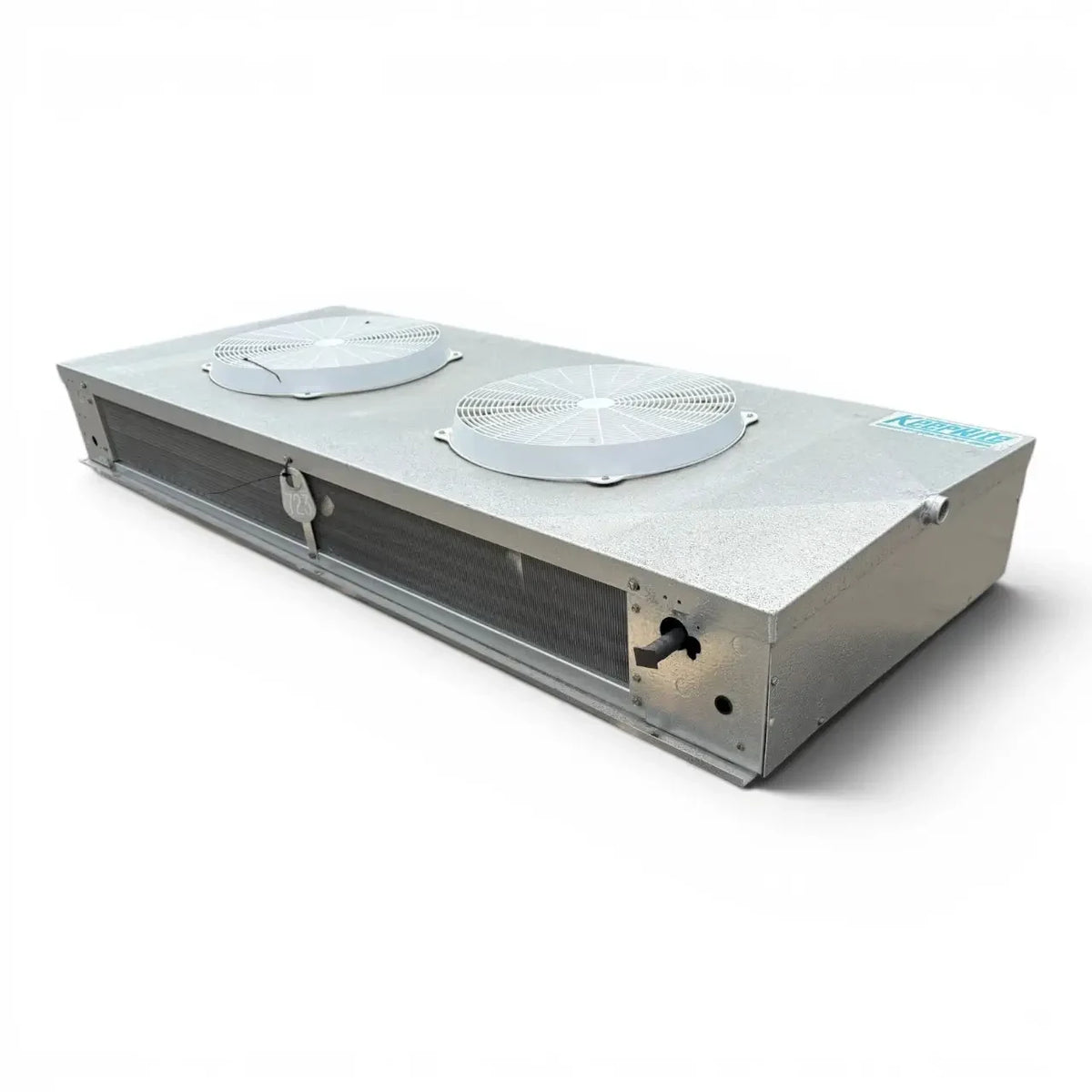 Used Keeprite KTW-115MA Center Mount Evaporator #723 — supplier gallery view 3; Front-right view of the used Keeprite KTW-115MA center mount evaporator #723, showing the cabinet side panel and rating labels.