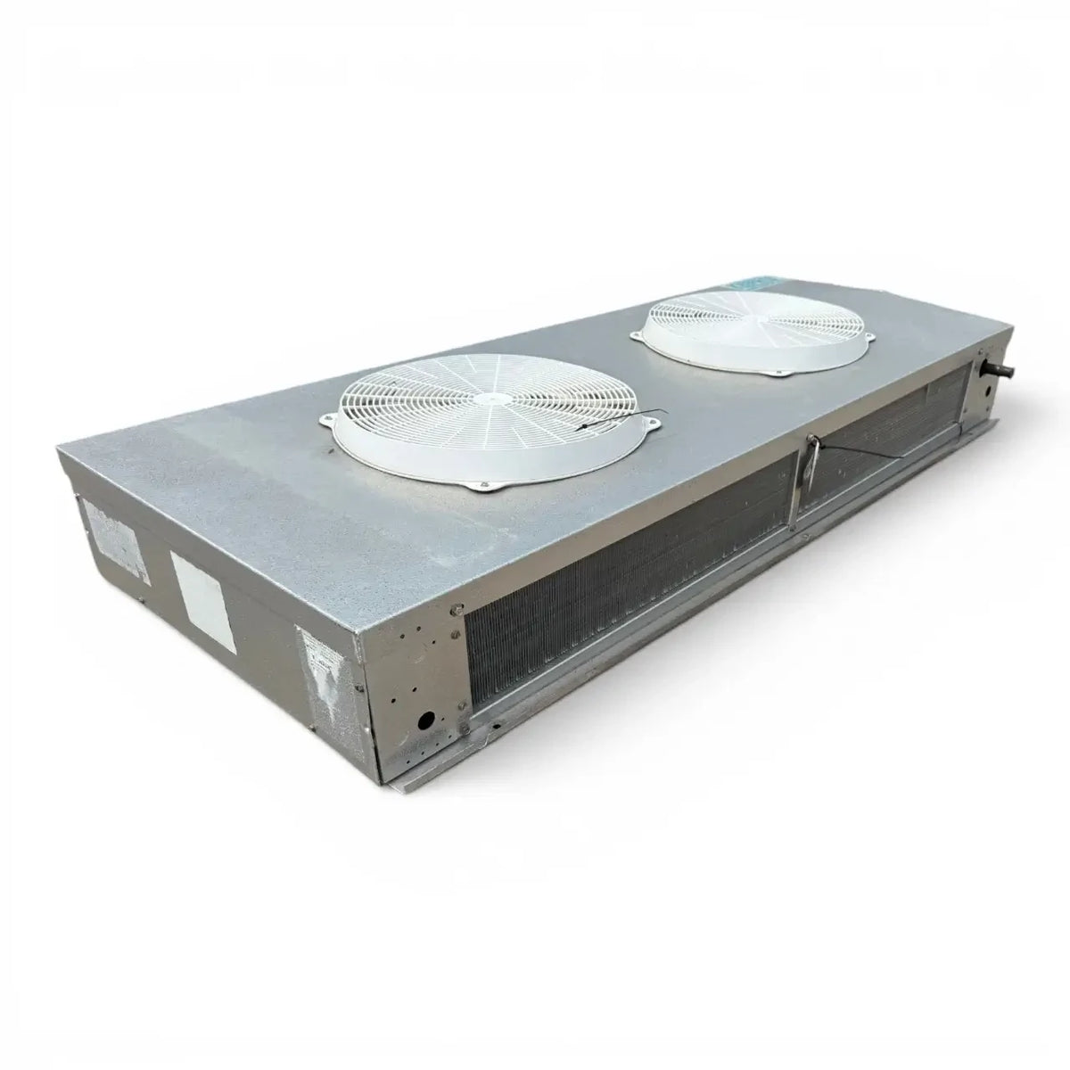 Used Keeprite KTW-115MA Center Mount Evaporator #723 — supplier gallery view 1; Front-left view of a used Keeprite KTW-115MA center mount evaporator #723, a gray fan coil unit with two round white-grille fans, a KeepRite logo, and inventory tag "723".