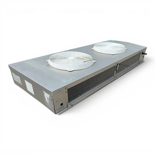 Used Keeprite KTW-115MA Center Mount Evaporator #723 — supplier gallery view 1; Front-left view of a used Keeprite KTW-115MA center mount evaporator #723, a gray fan coil unit with two round white-grille fans, a KeepRite logo, and inventory tag "723".