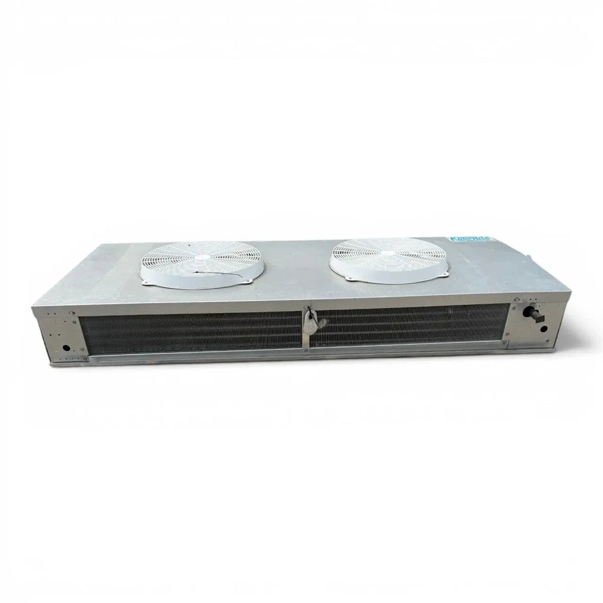Used Keeprite KTW-115MA Center Mount Evaporator #723 — supplier gallery view 2; Straight-on view of the used Keeprite KTW-115MA center mount evaporator #723, showing the two round white-grille fans.