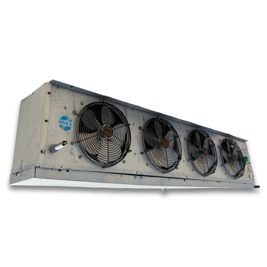 Used Krack CKFE-172BA Evaporator #1023 — supplier gallery view 1; Used gray evaporator with three fans front side view showing labels.