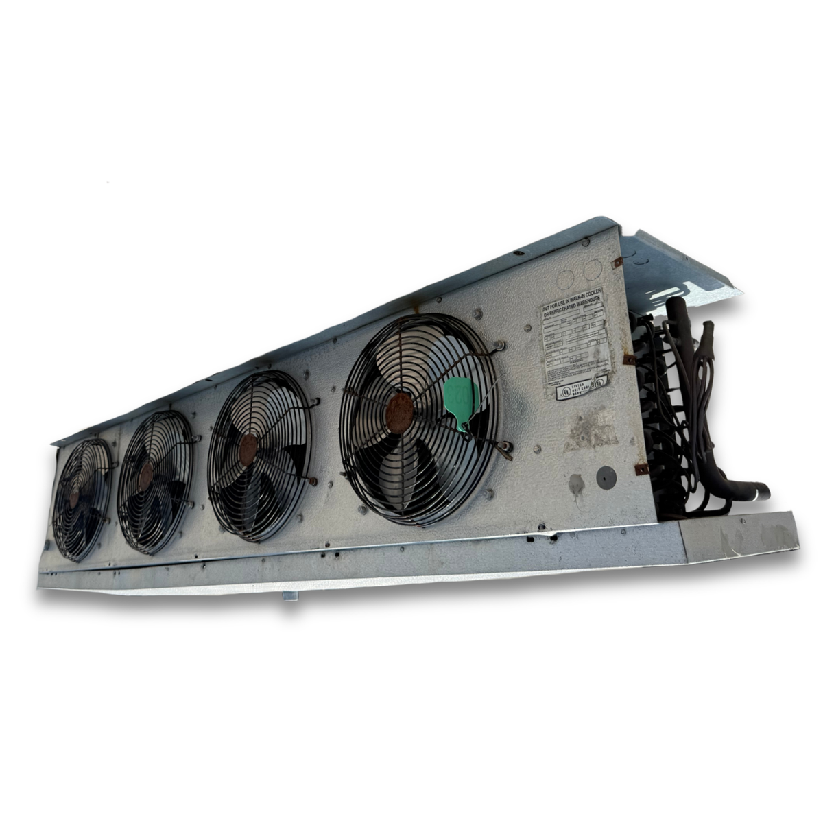 Used Krack CKFE-172BA Evaporator #1023 — supplier gallery view 3; Used gray evaporator with three fans front side view showing labels.