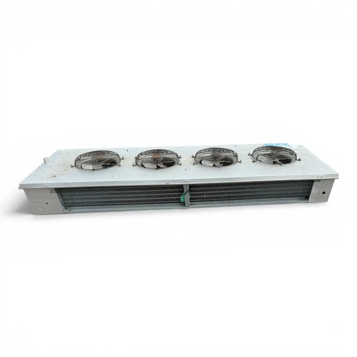 Used Krack GAL44A-140BB Low Velocity Evaporator #1150 — supplier gallery view 4; Straight-on view of the used Krack GAL44A-140BB low velocity evaporator #1150, showing the four round black-grille fans.