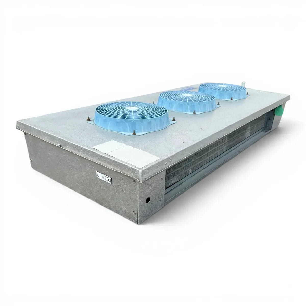 Used Krack GL36A-135EB Low Velocity Evaporator #2108 — supplier gallery view 3; Front-left view of a used Krack GL36A-135EB low velocity evaporator #2108, a gray fan coil unit with three round blue-grille fans and a green inventory tag.