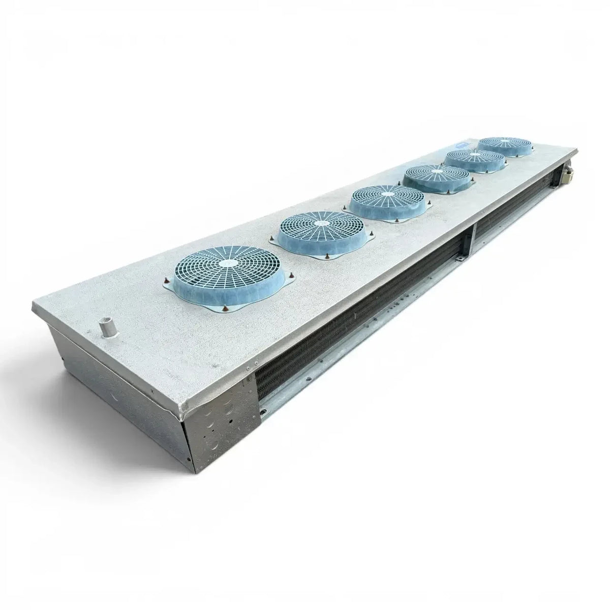 Used Krack GL64D-210EA Low Velocity Evaporator #2090 — supplier gallery view 3; Front-left view of a used Krack GL64D-210EA low velocity evaporator #2090, a long gray fan coil unit with six round blue-grille fans.