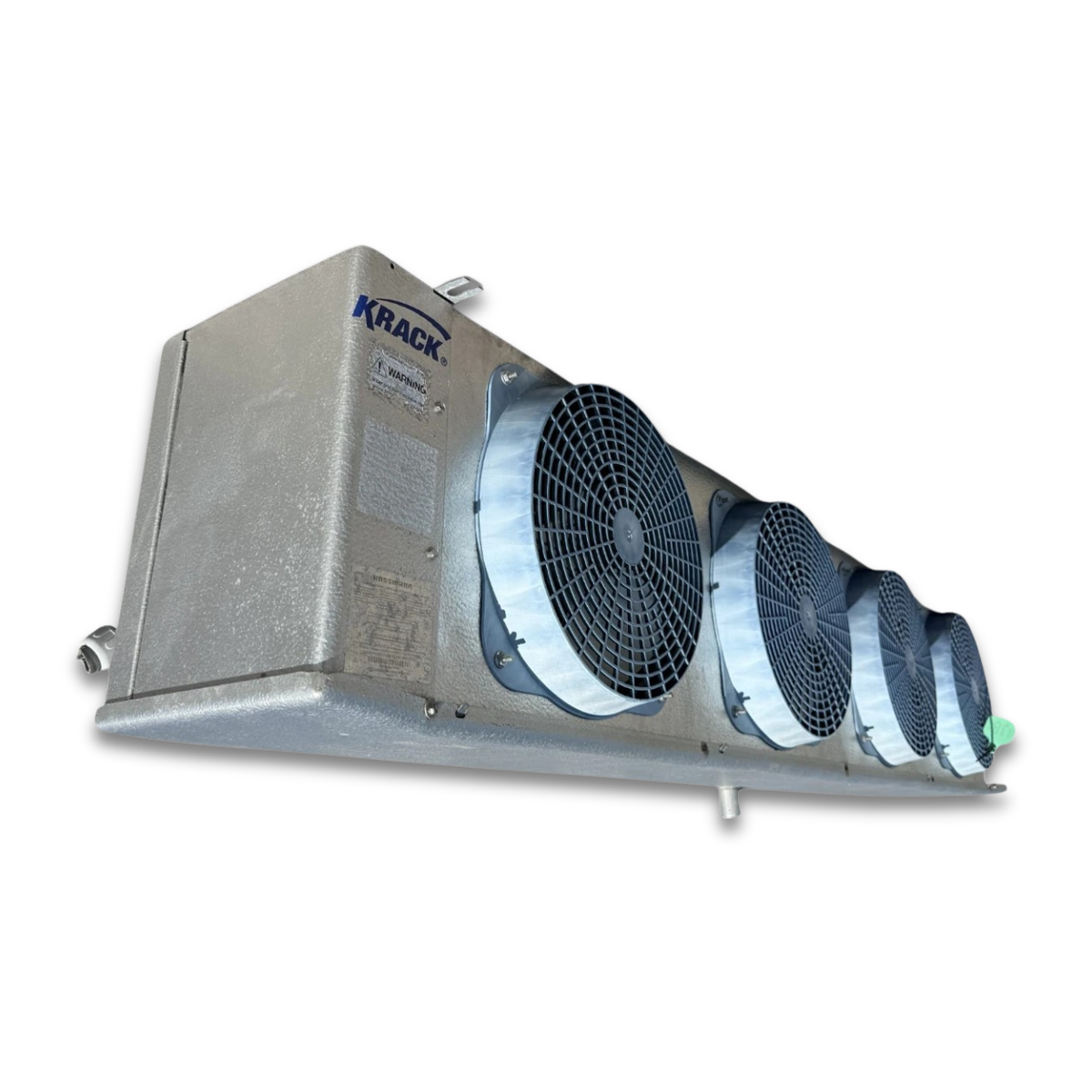 Used Krack KR44E-148EAK Evaporator #1184 — supplier gallery view 1; Front-left view of a used Krack KR44E-148EAK evaporator #1184, a gray fan coil unit with four round blue-grille fans, a Krack logo, and green inventory tag.