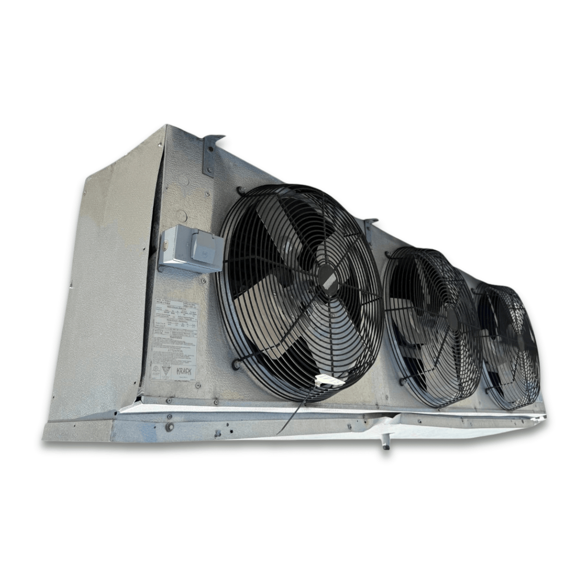 Used Krack MK34E-315BAK Evaporator #3141 — supplier gallery view 3; Front-left view of a used Krack MK34E-315BAK evaporator #3141, a gray fan coil unit with three round black-grille fans and a Krack logo.