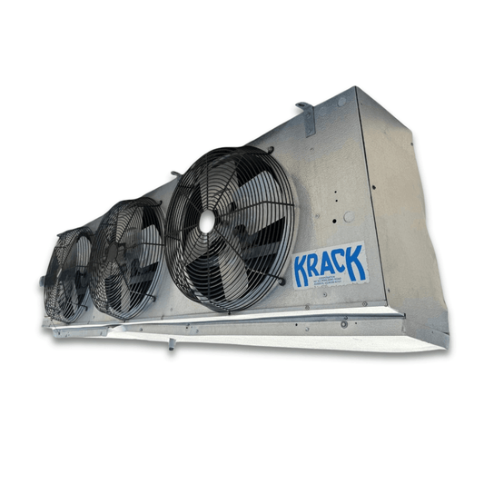 Used Krack MK34E-315BAK Evaporator #3141 — supplier gallery view 1; Front-right view of the used Krack MK34E-315BAK evaporator #3141, showing the three round black-grille fans and rating plate.