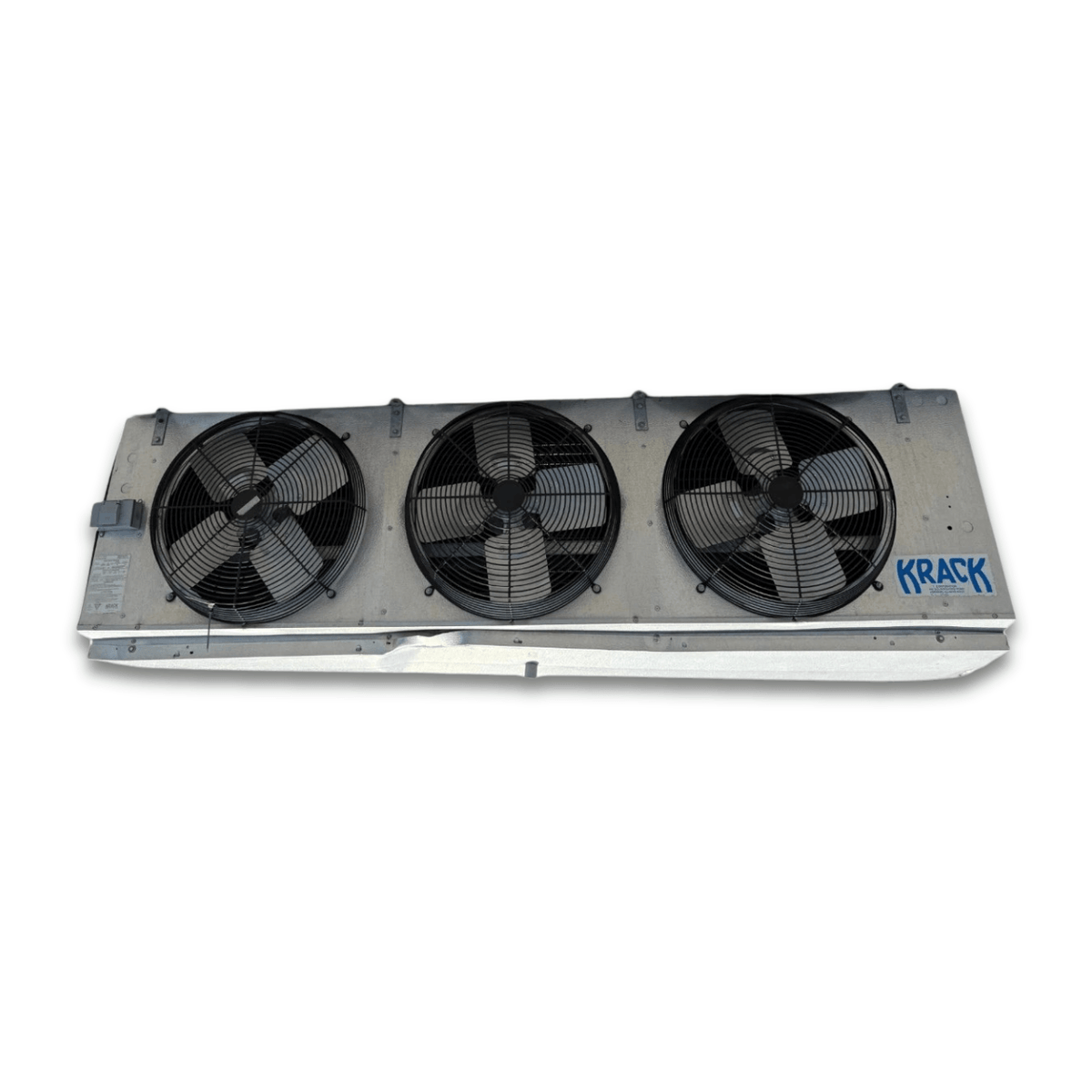 Used Krack MK34E-315BAK Evaporator #3141 — supplier gallery view 2; Straight-on view of the used Krack MK34E-315BAK evaporator #3141, showing the three round black-grille fans.