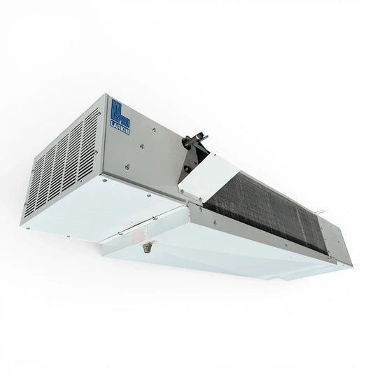Used Larkin LFAK-087AEE Low Velocity Evaporator #3207 — supplier gallery view 1; Front-left view of a used Larkin LFAK-087AEE low velocity evaporator #3207, a white fan coil unit with a louvered fan compartment, Larkin logo, and model tag "B1-5A".