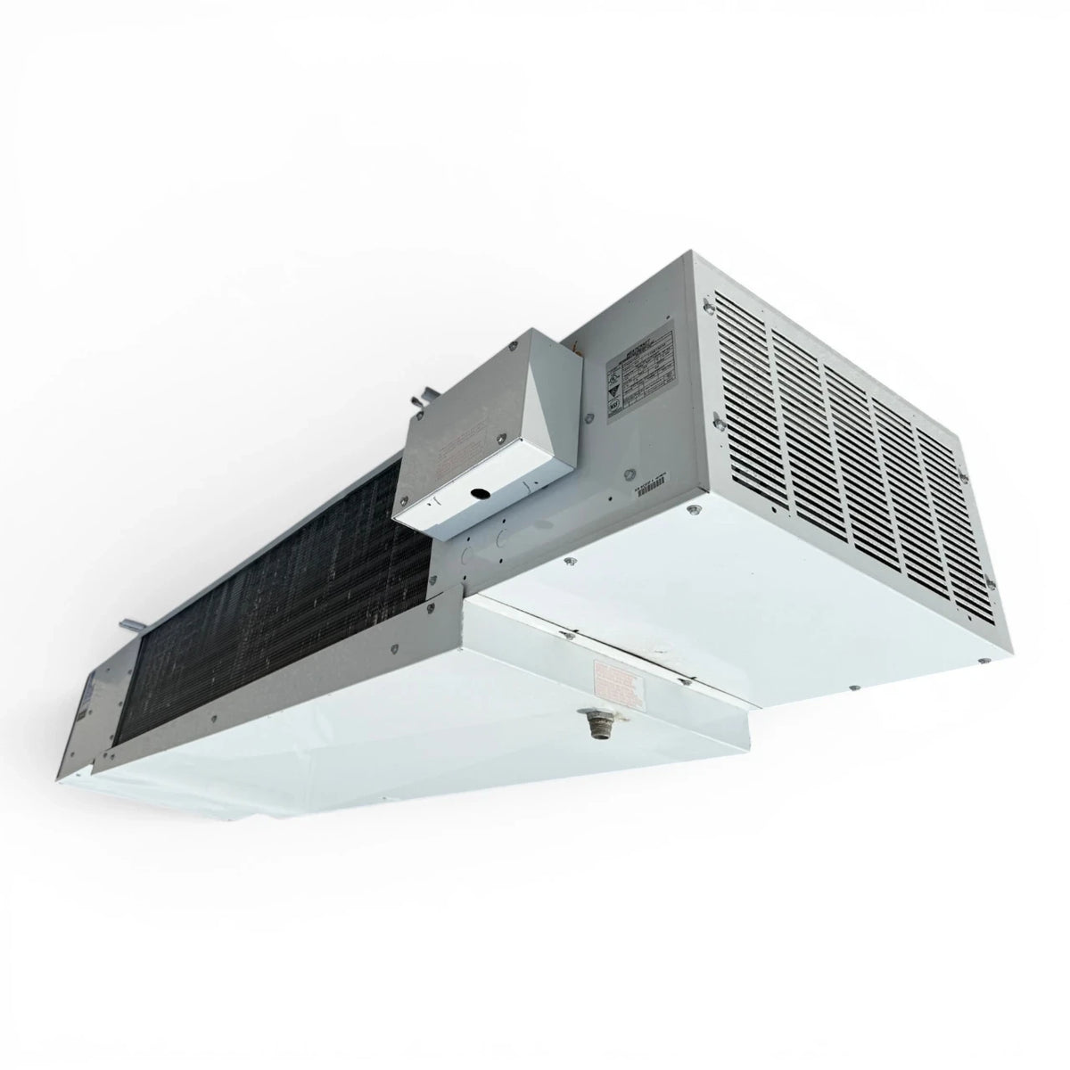 Used Larkin LFAK-087AEE Low Velocity Evaporator #3207 — supplier gallery view 3; Front-right view of the used Larkin LFAK-087AEE low velocity evaporator #3207, showing the coil compartment and rating labels.