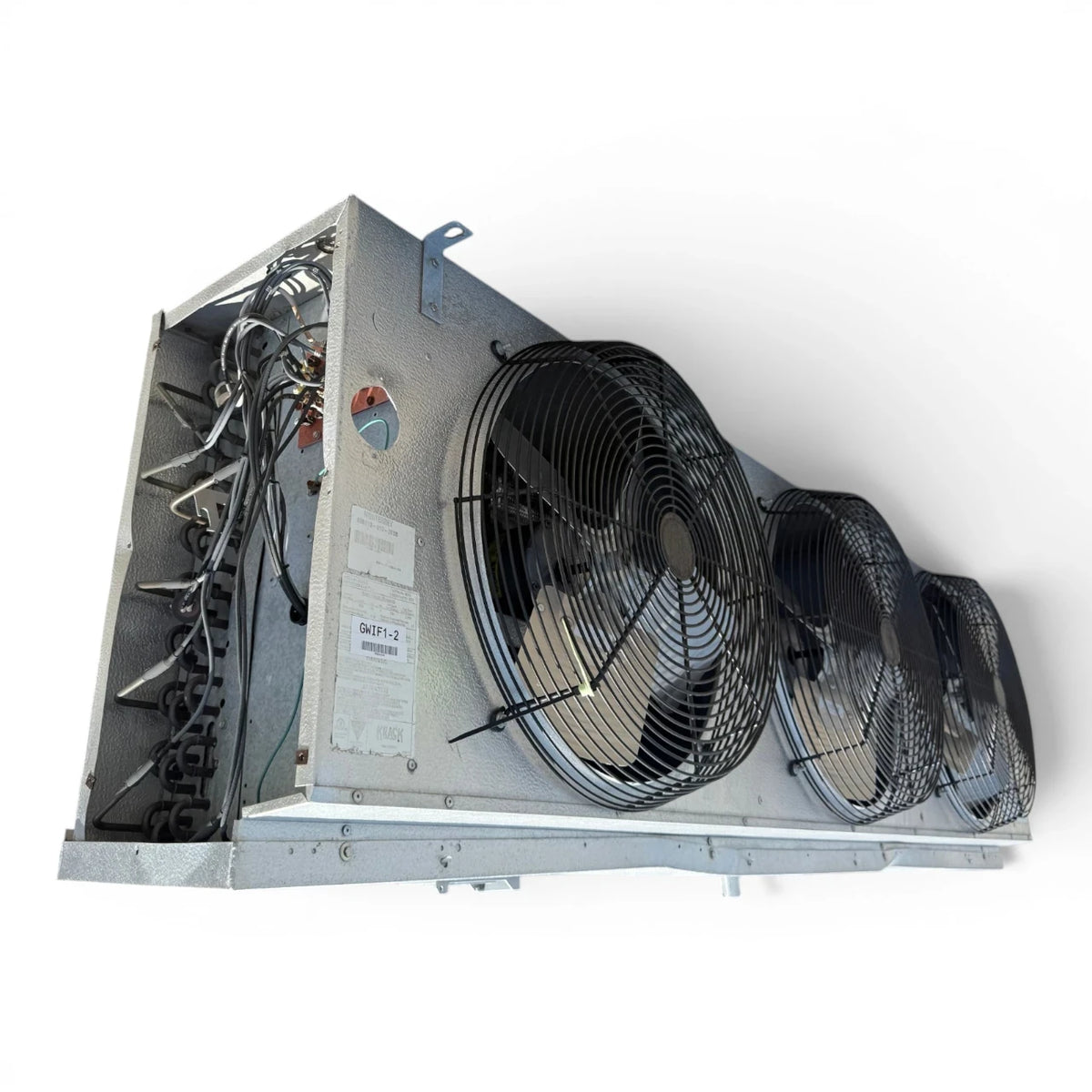 Used Krack MV34E-300EAK Evaporator -#3241 — supplier gallery view 3; Front-left view of a used Krack MV34E-300EAK evaporator #3241, a gray fan coil unit with three round black-grille fans and a Kramer rating label