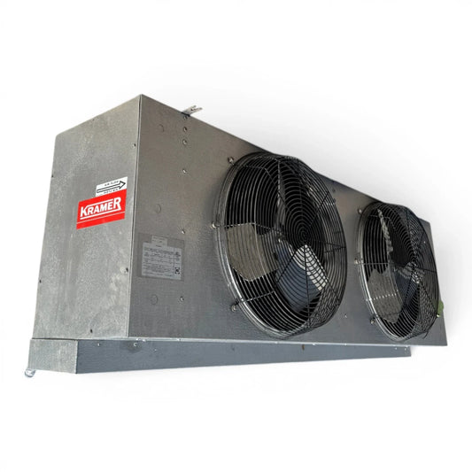 Used Kramer MSG-325T Evaporator #3198 — supplier gallery view 1; Front-left view of a used Kramer MSG-325T evaporator #3198, a gray fan coil unit with two round black-grille fans and a red Kramer logo.