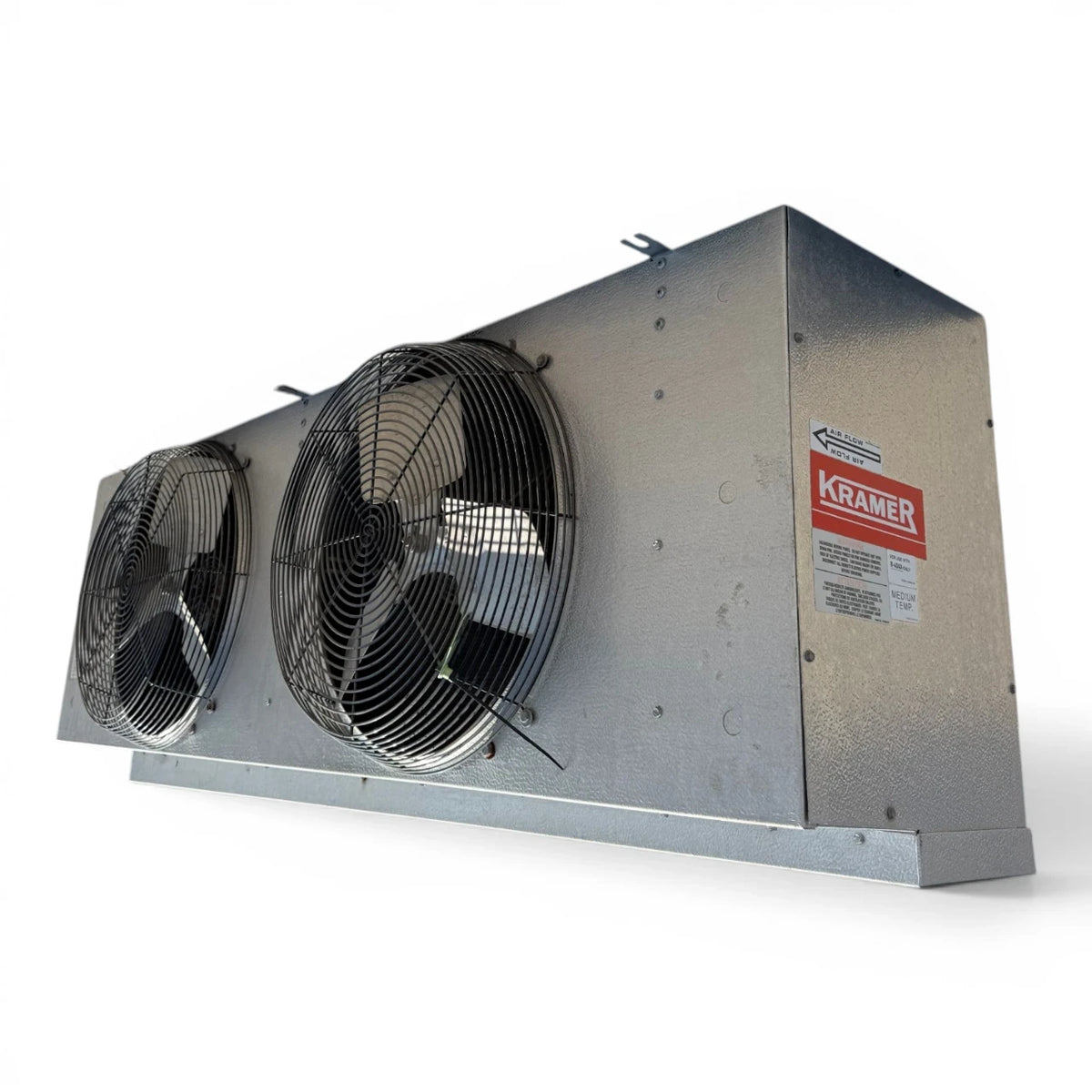 Used Kramer MSG-325T Evaporator #3198 — supplier gallery view 3; Front-right view of the used Kramer MSG-325T evaporator #3198, showing the cabinet side panel and rating labels.