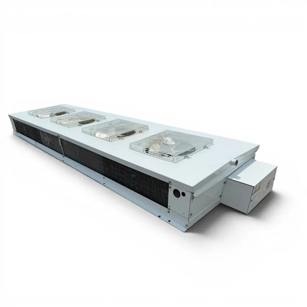 Used Larkin CEC-0250AS7AMAB0200 Center Mount Evaporator #3331 — supplier gallery view 3; Front-left view of a used Larkin CEC-0250AS7AMAB0200 center mount evaporator #3331, a white fan coil unit with four square grille fans and a Larkin logo.