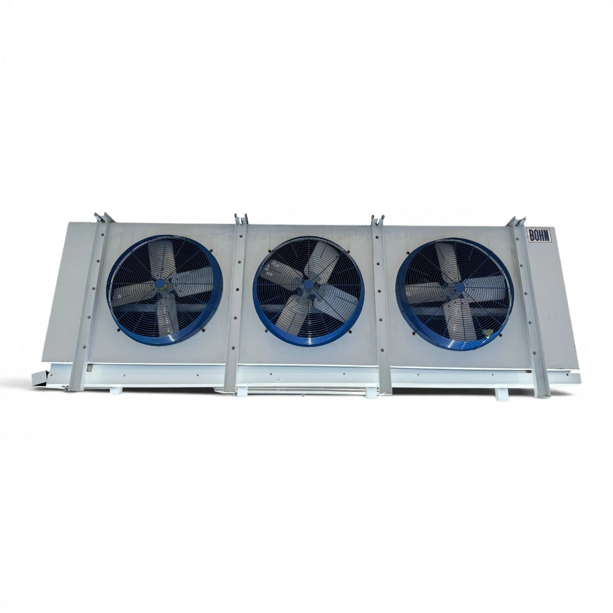 Used Larkin HLT4-746-4 Evaporator #3427 — supplier gallery view 2; Straight-on view of the used Bohn evaporator, showing the three round blue-grille fans and Bohn logo.