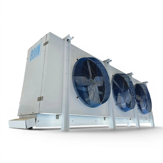 Used Larkin HLT4-746-4 Evaporator #3427 — supplier gallery view 1; Front-left view of a used Bohn evaporator, a white fan coil unit with three round blue-grille fans and a Bohn logo.