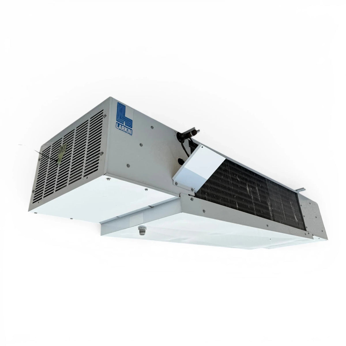 Used Larkin LFA-087AEE Low Velocity Evaporator #3349 — supplier gallery view 2; Front-left view of a used Larkin LFA-087AEE low velocity evaporator #3349, a white fan coil unit with a louvered fan compartment and Larkin logo.
